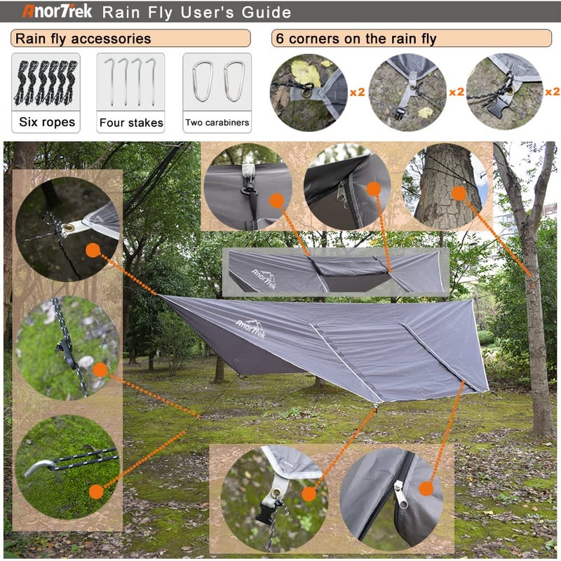 AnorTrek Camping Hammock with Mosquito Net and Rain Fly Tarp  Portable Double Hammock with Two Tree Straps  230T Nylon Hammock and Waterproof Rain Fly Set for Hiking  Backpacking  Overnight (Green) - Image 2